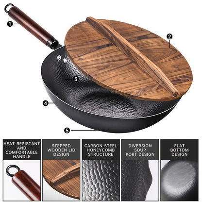 Wok Set Cast Iron 12.6 Inch Nonstick with 13 Accessories, Natural Nonstick No Chemical Coating Stir Fry Pan with Lid & Detachable Handle