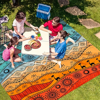 205 x 198cm Picnic Blanket with Orange, Aqua and Black Bohemian Animal Print and Matching Zip Carry Bag