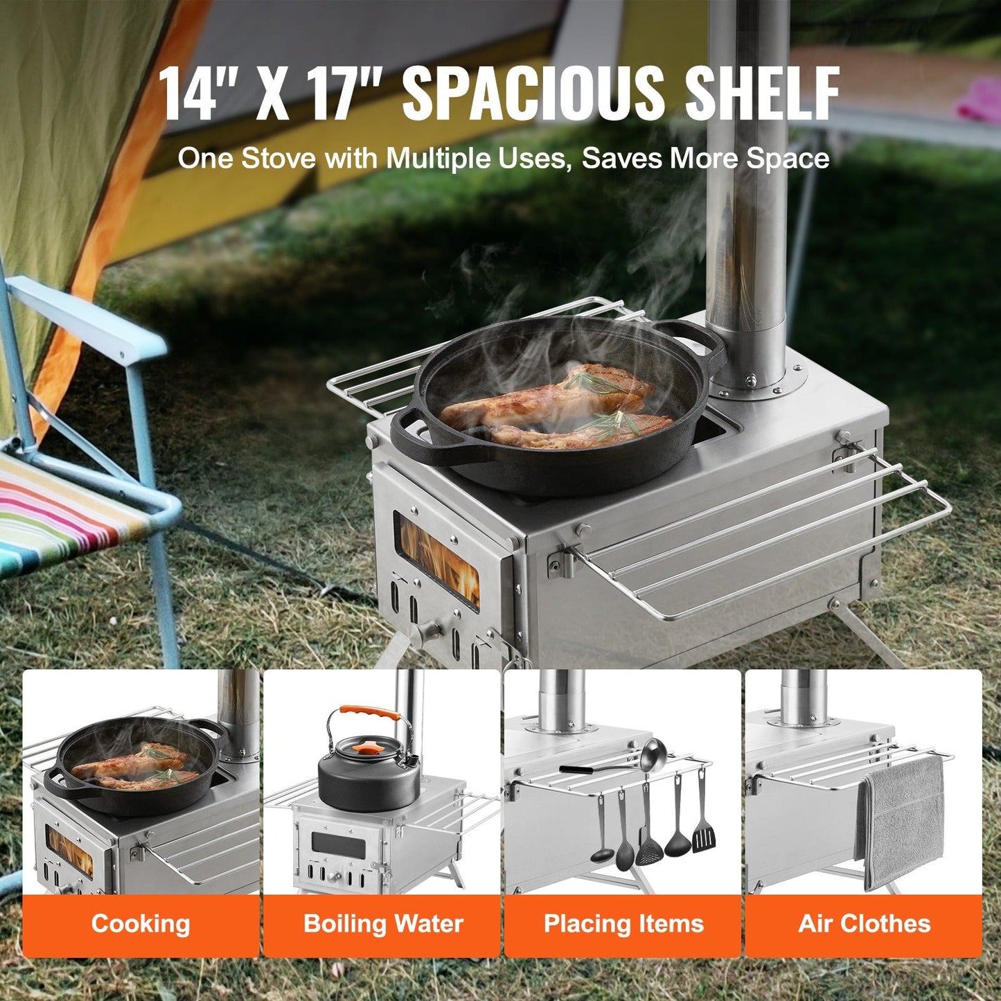 Wood Stove Camping Tent Stove 80 Inch Stainless Steel, 700in³ Firebox, 8 Accessories, BBQ Grill Plate