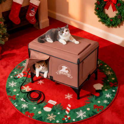 Heated Cat House 3-in-1 with Removable Warming Pad, Elevated Cat Bed for Indoor & Outdoor Cats, Chew-Resistant Cord, Double Door Cat Cave