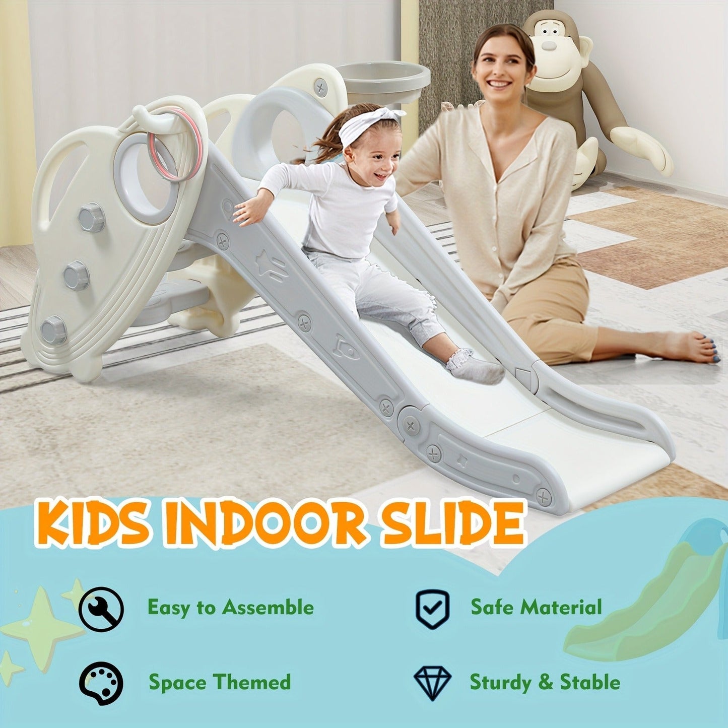 Foldable Toddler Slide for Indoor & Outdoor – Non-Slip Steps, Safe Handrail, Anti-Slip Mat, Extra-Long Buffer Slide