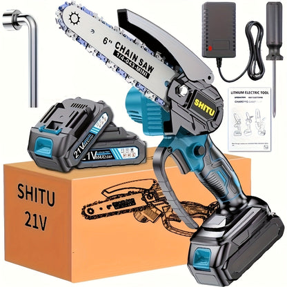 Handheld Electric Chainsaw, Mini Cordless Portable Tree Cutter with Splash Guard, Security Lock, Rechargeable Battery Options