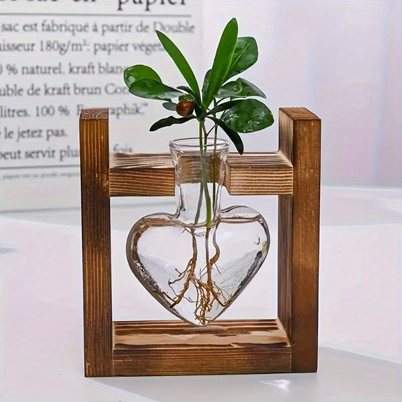 Hydroponic Flower Vase with Wooden Frame Heart-Shaped Pine Glass Bottle for Living Room Desk Home Decor Holiday Gift Single/Double/Triple