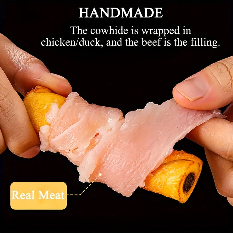 Dog Chew Treats Chicken & Duck Wrapped Cowhide Sticks – High Protein Beef Skin Stuffed Snacks, Long-Lasting, Easy to Digest