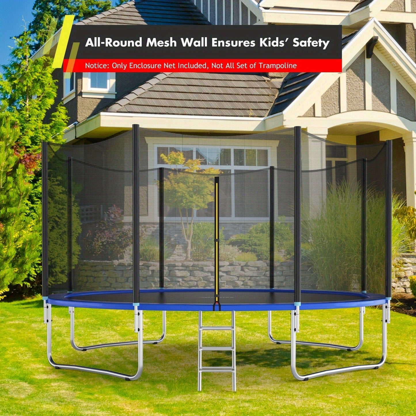 Trampoline Safety Net Replacement 12FT 14FT – PE Enclosure Net with Zipper Door & Safety Buckles for 8 Straight Poles