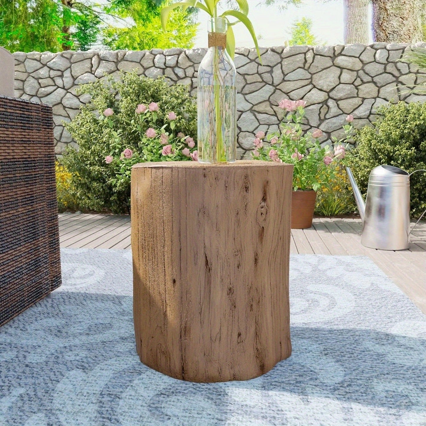 Outdoor Side Table Faux Wood Tree-Stump Design in Magnesia with Cylindrical Form and Brown Finish
