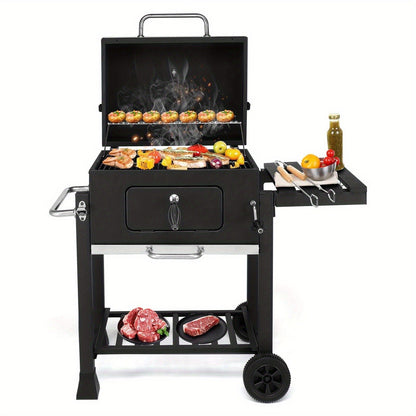 Cart Charcoal Grill with Adjustable Pan, Lid, Wheels, Lower Rack, Thermometer and Folding Side Shelf