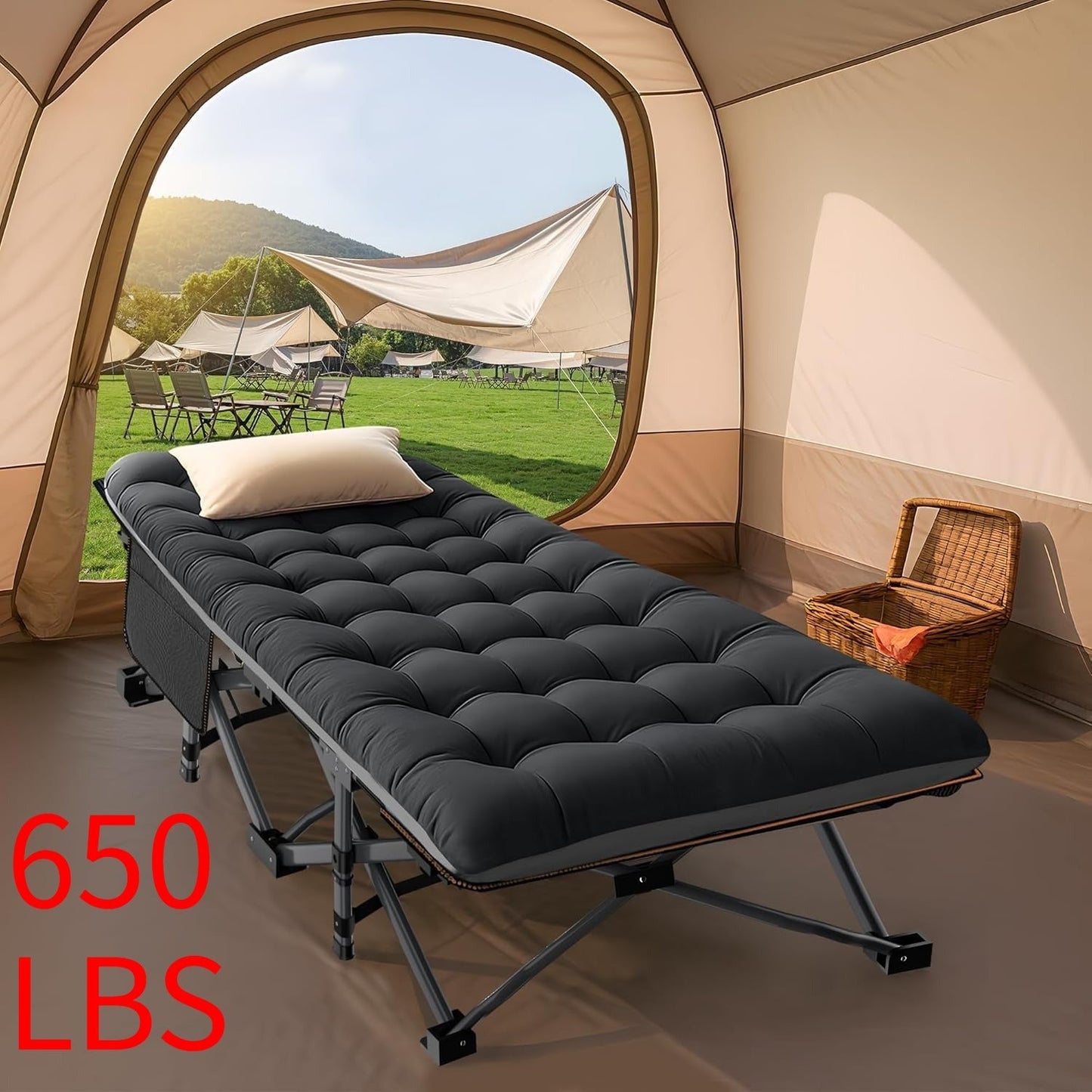 Folding Camping Cot Bed for Adults – Heavy Duty Double Layer Oxford Portable Camp Cot with Soft Pad & Carry Bag for Camping, Beach
