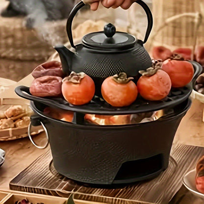10.6-Inch Round Charcoal Grill Set with Cast-Iron Body, Cooking Grid, Wooden Base and Tongs