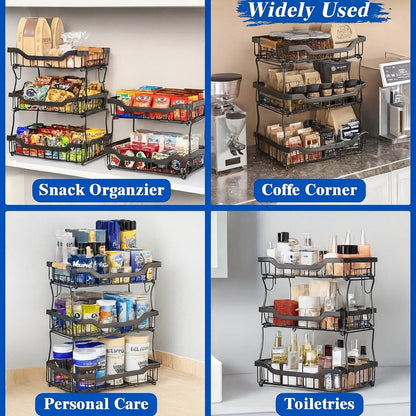 Tiered Fruit Basket Kitchen Organizer with Banana Hook, Removable 2 or 3 Metal Baskets and Wood Handle
