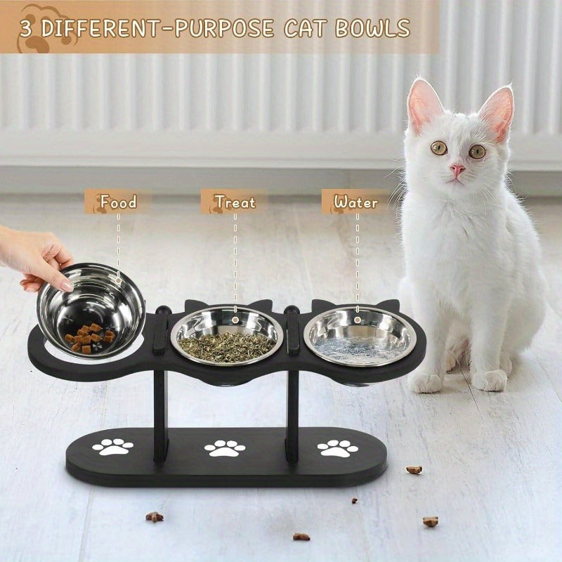 Elevated Cat Bowl Stand with Tilted Stainless Steel Bowls – Adjustable Raised Feeder, Anti-Spill, Black Wood Base for Cats & Small Dogs