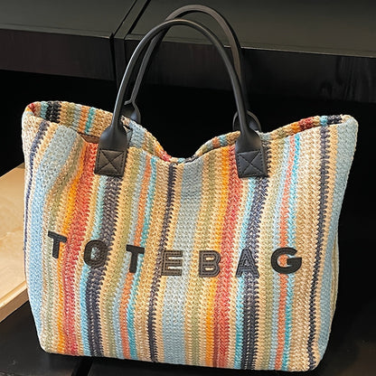 Straw Tote Bag for Women Large Capacity Bohemian Hand-Woven Striped Beach Bag Summer Vacation Shoulder Bag Colorful Letter Pattern