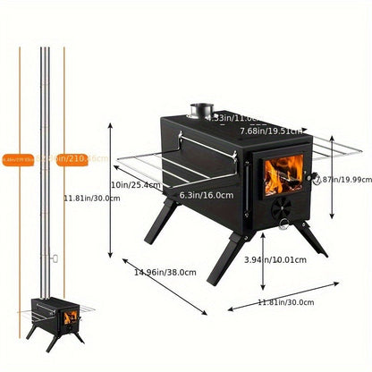 Portable Wood Stove with Chimney Pipe Set, Folding Legs, Side Shelves and Silver or Black Finish Options