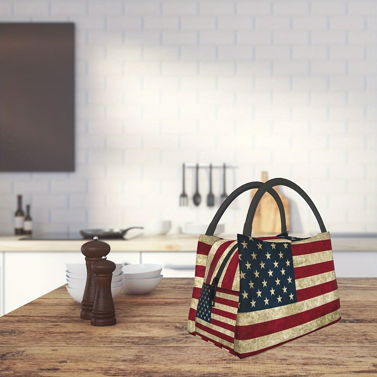 Retro Insulated Lunch Cooler Bag 11"x6.3"x6.7" Portable Reusable Independence Day Themed Leakproof Lunch Box for Camping Picnic Beach Office