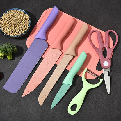 Seven-Piece Kitchen Knife Set with Four Pastel Knives, Kitchen Scissors, Peeler and Cutting Board