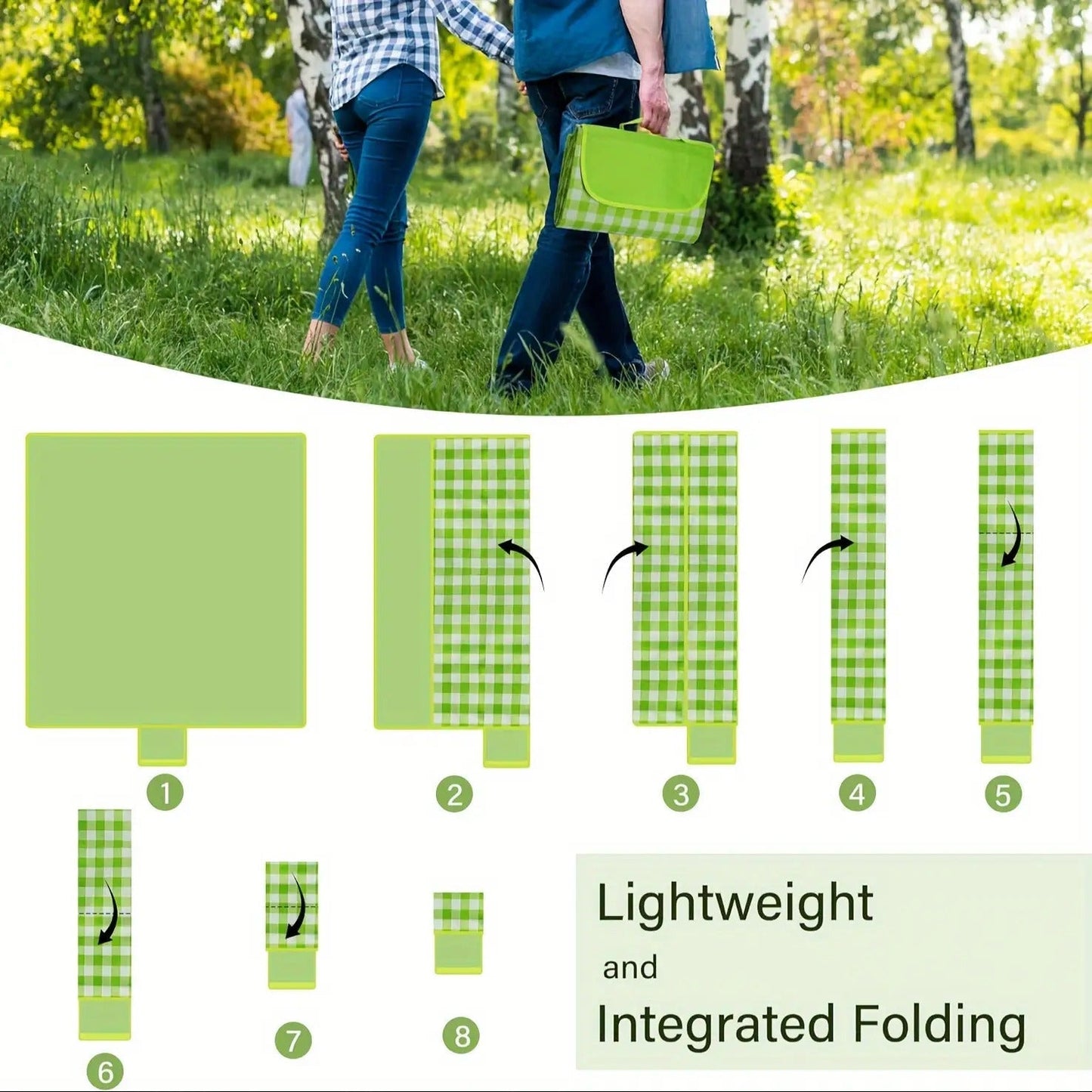 200 x 200cm Picnic Blanket in Yellow and White Plaid with Integrated Folding Flap and Carry Handle