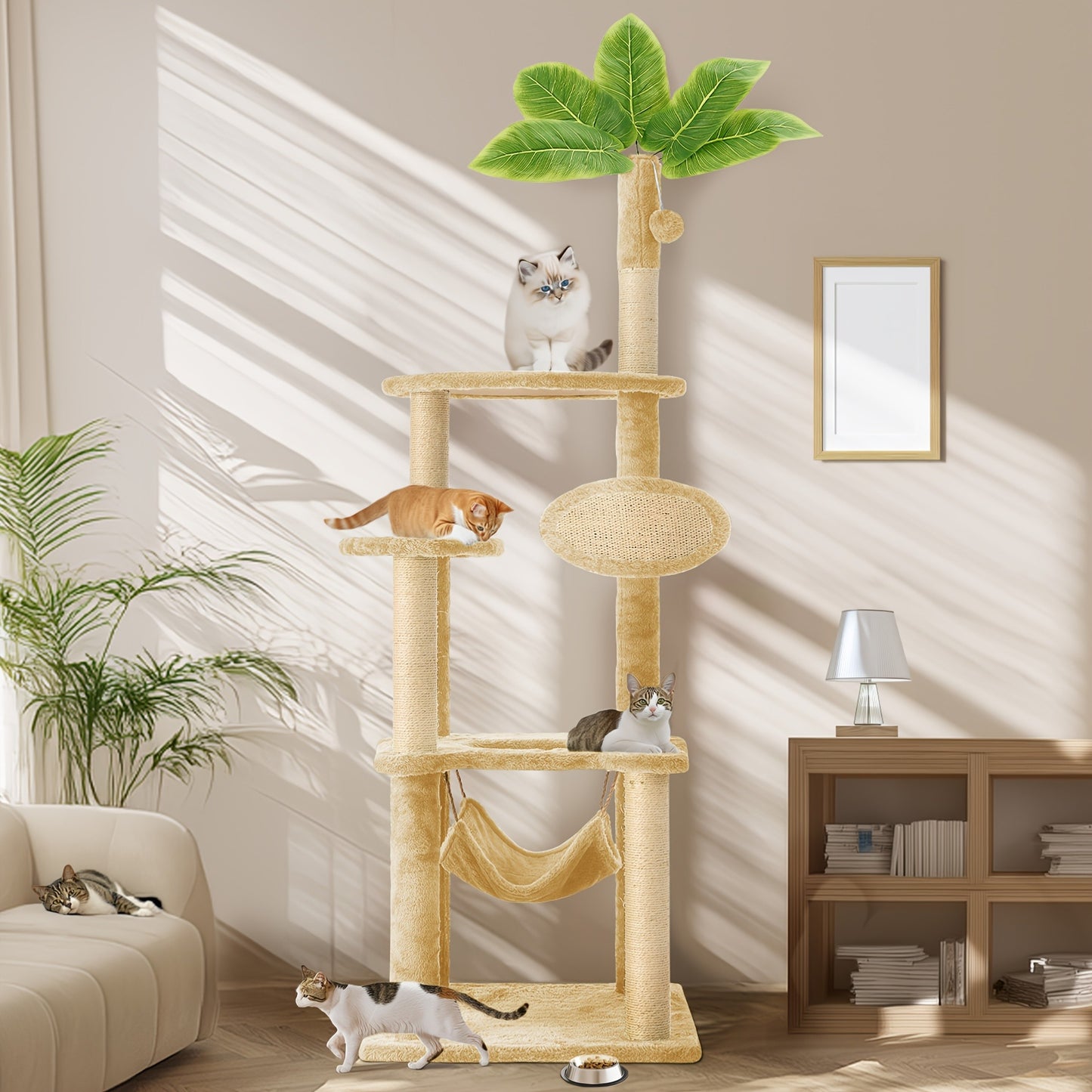 Cat Tree 55" Large Multi-Level Cat Tower for Indoor Cats with Green Leaves, Hammock, Sisal Scratching Posts & Hanging Ball Toy