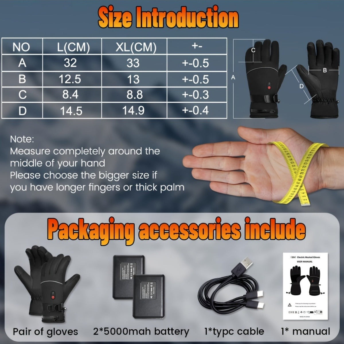 Rechargeable Full-Finger Heated Gloves with 2 × 5000mAh Battery Packs, Three Heat Levels and Touchscreen Fingertips