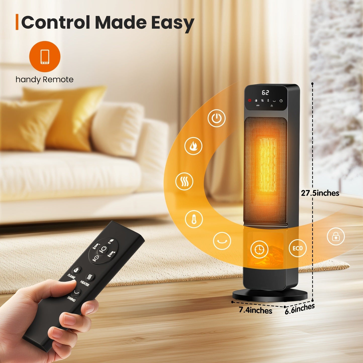 Electric Fireplace Space Heater 1500W, Portable Indoor Heater with 3D Flame Effect, 12H Timer, Heating & Fan Modes for Home & Office