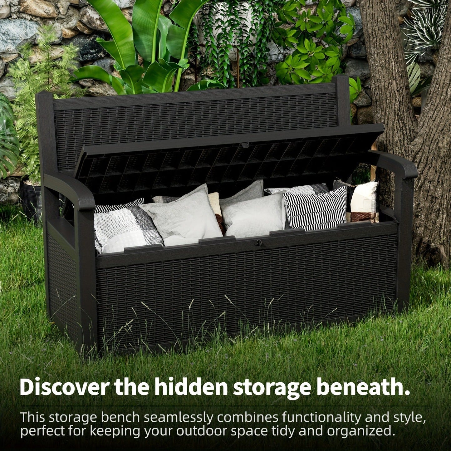 Outdoor Storage Bench 80 Gal, for Garden, Patio and Yard Use, with the Listed Configuration
