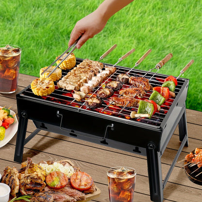 Folding Charcoal Grill with Rectangular Black Body, Layered Grate, Charcoal Mesh and Pull-Out Tray