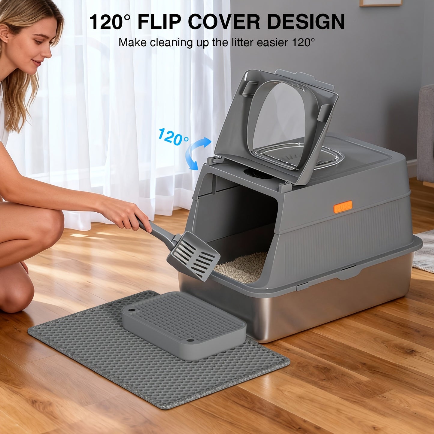 Extra Large Enclosed Cat Litter Box – Stainless Steel with Front Flap Door, Foldable Anti-Splash Fully Covered Design