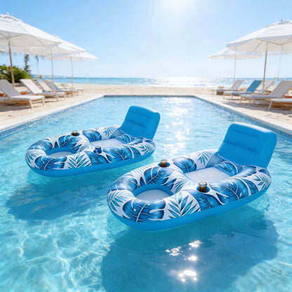Two-Piece Inflatable Pool Lounge Float Set, 59.1 x 36.2 Inches Each with Backrests and Dual Cup Holders