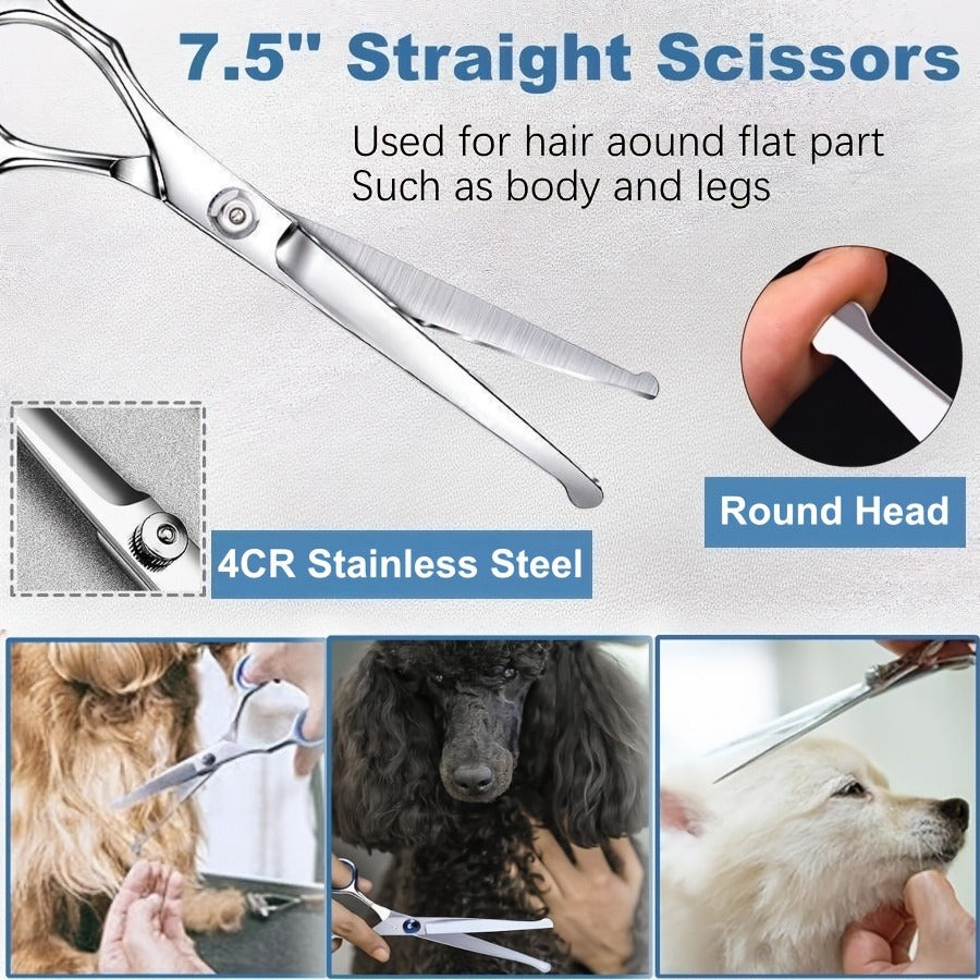Dog Grooming Scissors Set 7-in-1 Professional Ceramic Coated Stainless Steel Safety Round Tip Straight Thinning Curved Scissors Comb Kit
