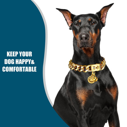 Gold-Color Cuban Link Dog Chain Collar with Paw and Bell Charms in Six Lengths from 16 to 26 Inches