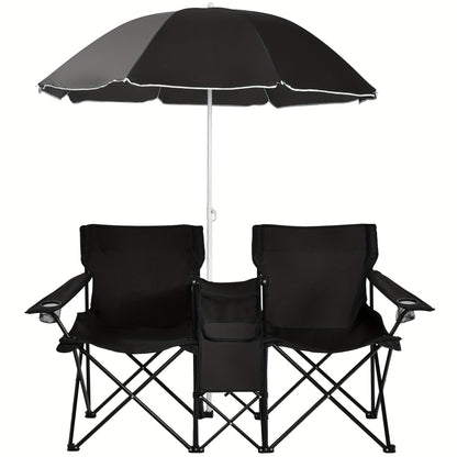 Folding Picnic Chair Set for 2, Umbrella, Cooler Bag & Table, 600 Lbs Capacity, Portable, for Camping, Travel and Outdoor Use