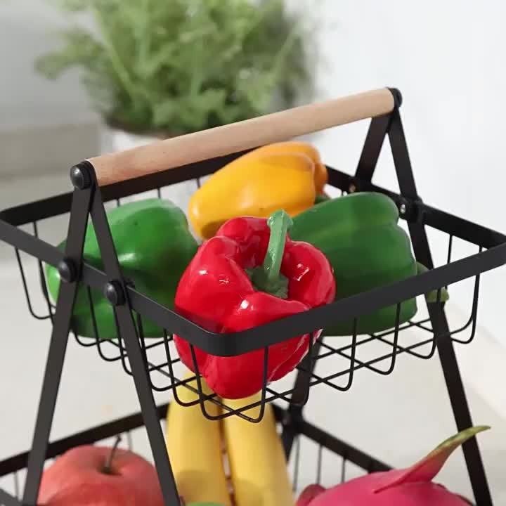 Two-Tier Black Wire Fruit Basket with Wood-Look Carry Handle and 12.2-Inch Countertop Frame
