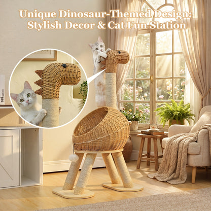 Dinosaur Cat Tree Tower 46 Inch – Large Rattan Cat House with 4 Sisal Scratching Posts, Wicker Bed & Removable Mat