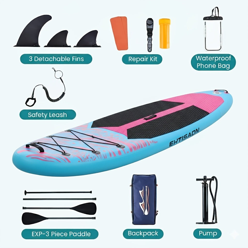 Inflatable Stand-Up Paddle Board Kit in Four Color Combinations with EVA Deck and Three Detachable Fins