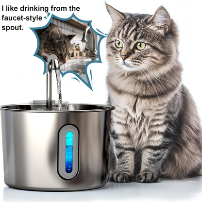 Stainless Steel Cat Water Fountain 74oz – 304 Food-Grade Steel, Ultra-Quiet USB Pump, 3-Stage Filtration, Visible Water Level Window