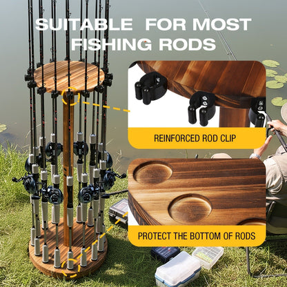 Fishing Rod Rack Holds 16 Rods – Circular Wooden Pole Holder with 360° Rotating Base Option – Space-Saving Wall-Free Fishing Rod Organizer