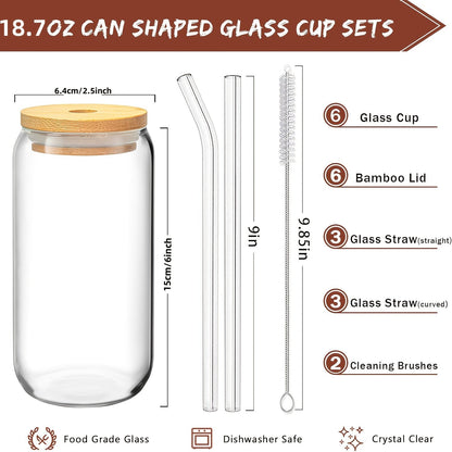 Drinking Glasses Set with Lid and Straw 550ml Oval Glass Cups 4 or 6 Piece, for Home Cooking, Dining and Outdoor Meals