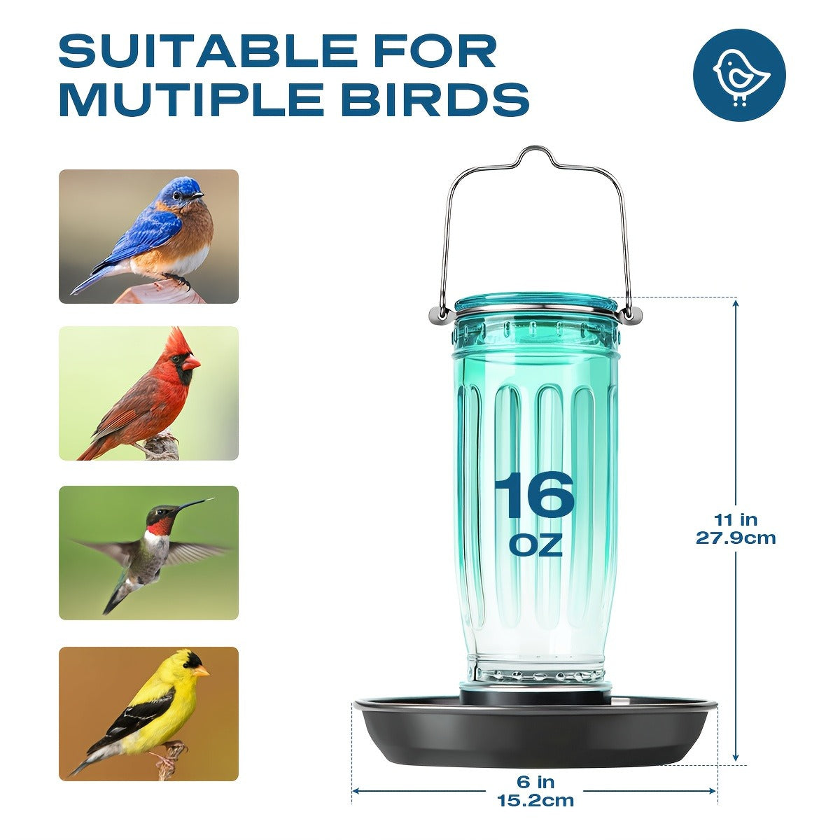 Bird Waterer Outdoor Hanging Glass Wild Bird Water Dispenser with Metal Handle – Gravity Fed Garden Yard Patio Tree Bird Feeder