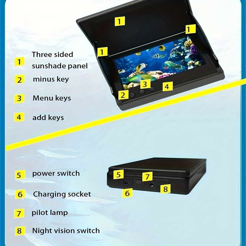 Underwater Fishing Camera with 4.3" HD Screen – Fish Finder with 140° Wide Angle Lens, Fish-Attracting Light