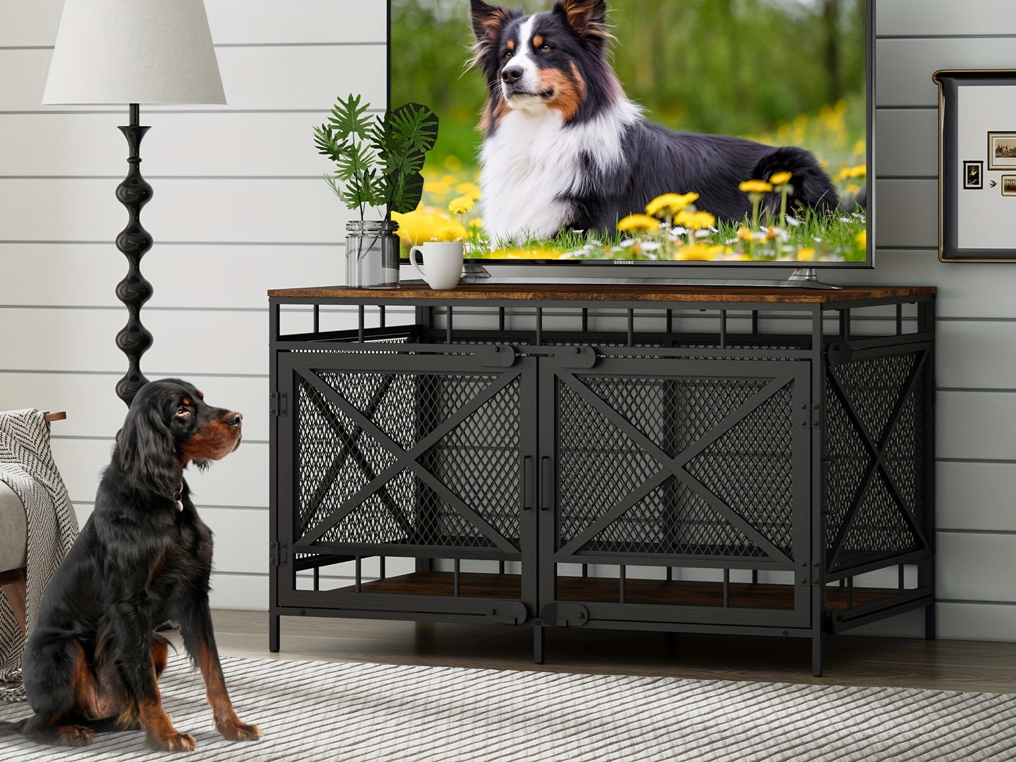 Dog Crate Furniture 43 Inch Corner Indoor Kennel, Heavy Duty Engineered Wood Dog Cage with Side Door for Large Medium Breeds