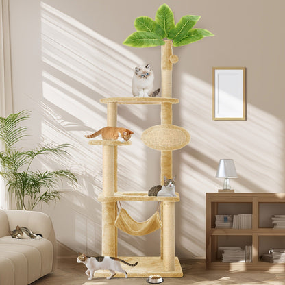 55-Inch Plant-Style Cat Tree with Platforms, Round Pass-Through Perch, Hammock and Four Colors