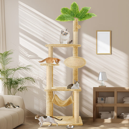 55-Inch Plant-Style Cat Tree with Platforms, Round Pass-Through Perch, Hammock and Four Colors