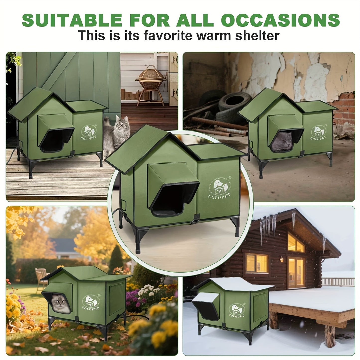 Elevated Cat House & Dog Bed with Detachable Heating Pad – Raised Outdoor Indoor Pet Bed for Cats Small Dogs