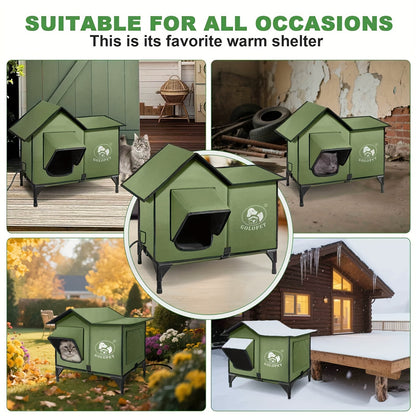 Elevated Cat House & Dog Bed with Detachable Heating Pad – Raised Outdoor Indoor Pet Bed for Cats Small Dogs
