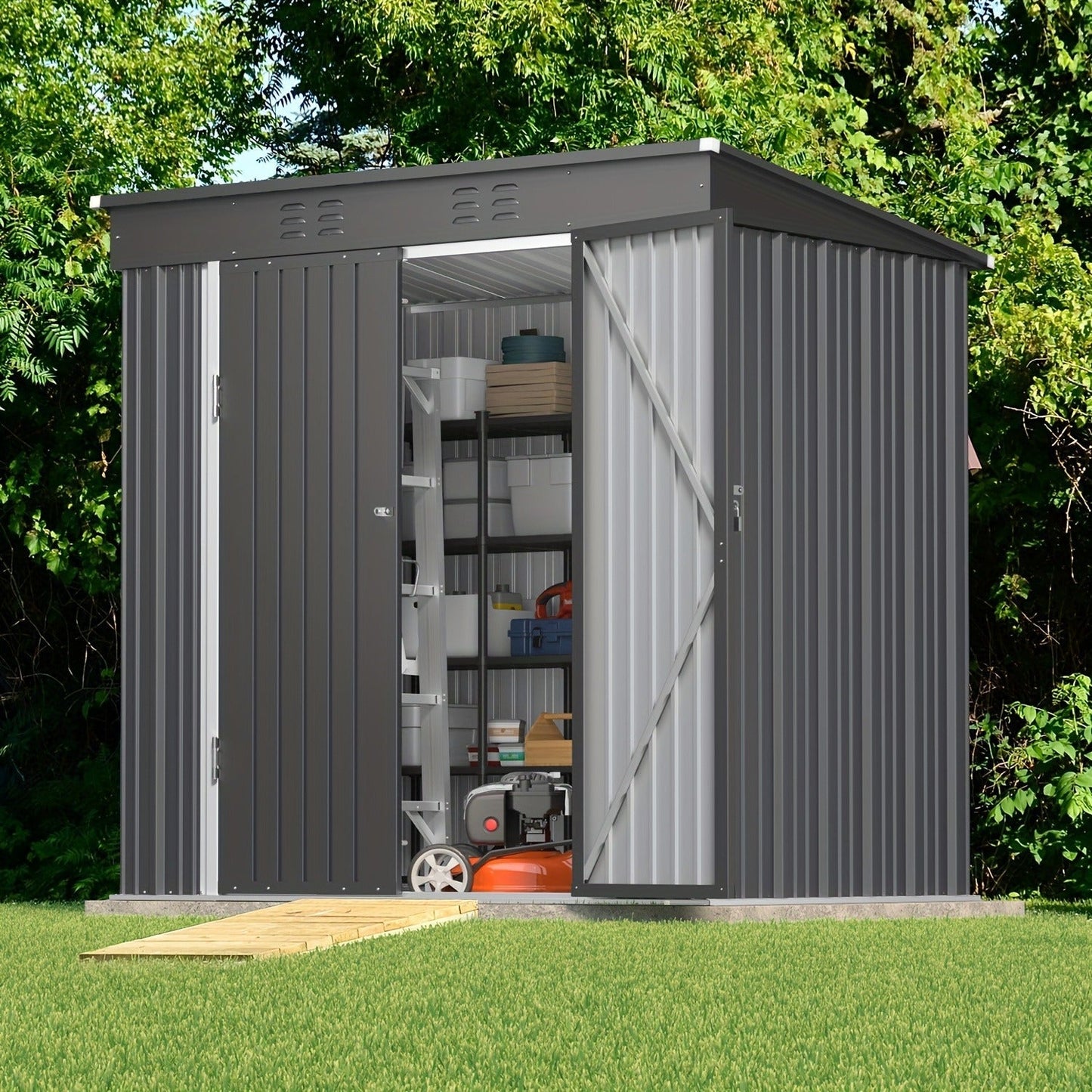 Metal Outdoor Storage Shed with Double or Single Doors in Grey, Green or Brown Checkout Models