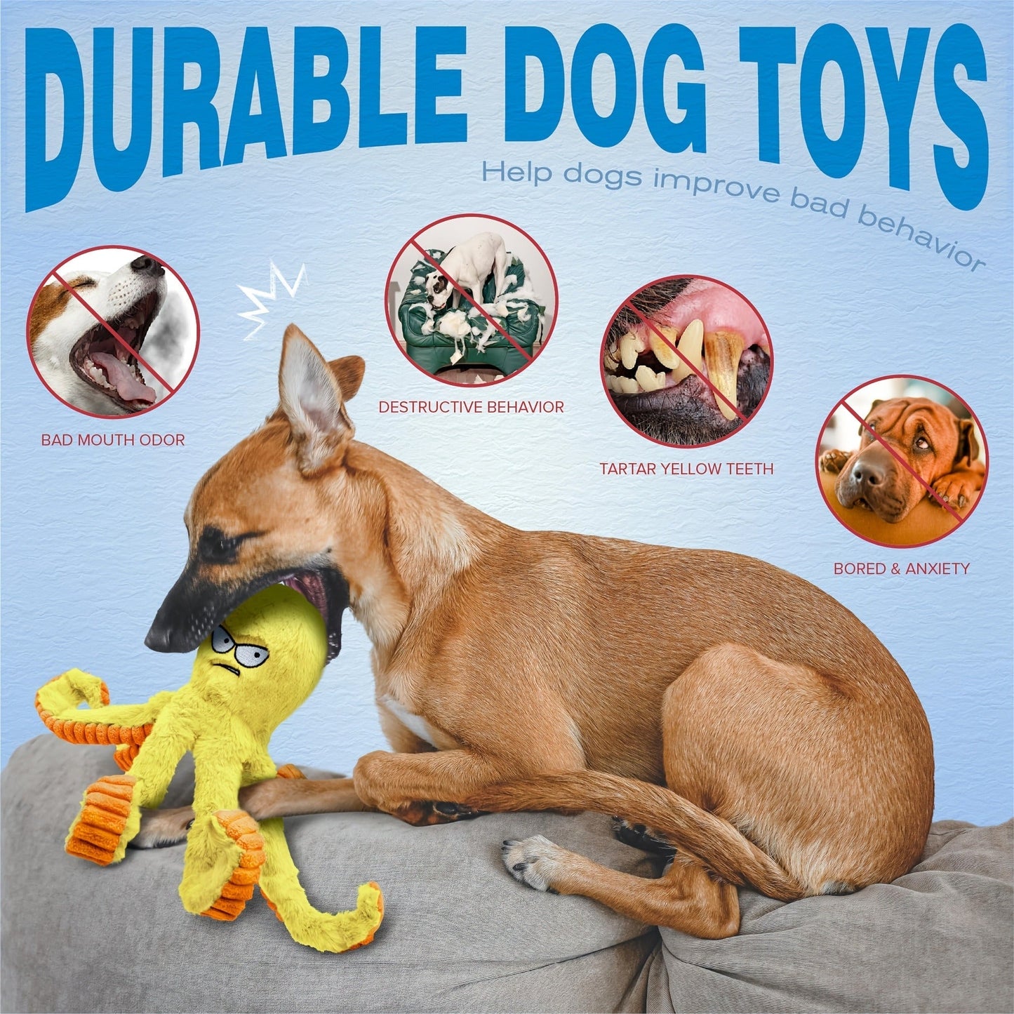 Dog Toy Octopus Plush with Built-In Squeaker and Crinkle Texture in Blue or Yellow with 1, 2 or 4-Pack Options