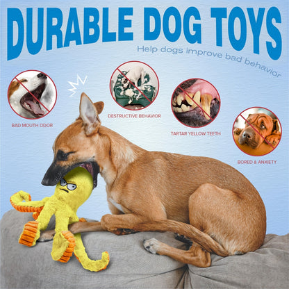 Dog Toy Octopus Plush with Built-In Squeaker and Crinkle Texture in Blue or Yellow with 1, 2 or 4-Pack Options