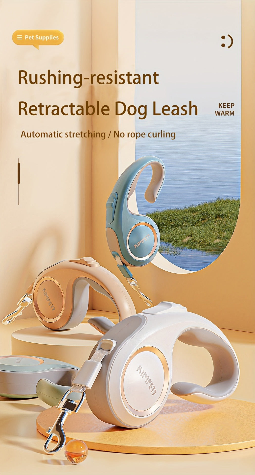 Retractable Dog Leash with 16-Foot Tape, One-Button Lock and Six Champagne, White or Blue Size Options