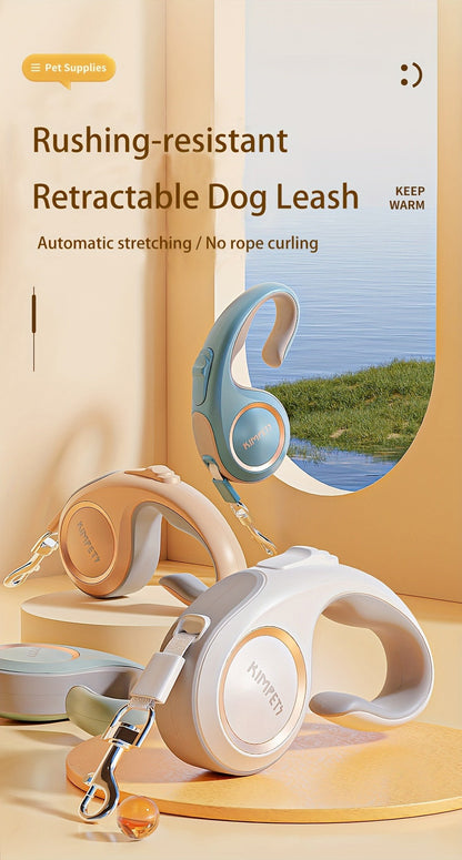 Retractable Dog Leash with 16-Foot Tape, One-Button Lock and Six Champagne, White or Blue Size Options