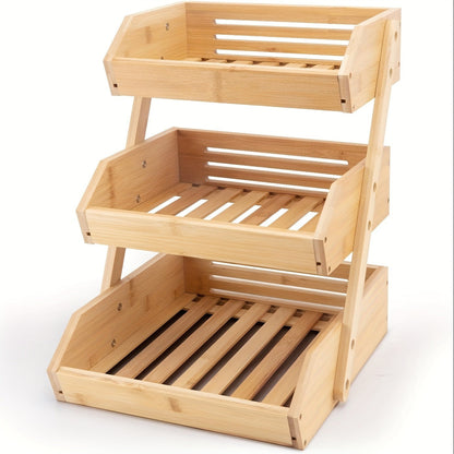 Fruit Basket Stand 2 & 3 Tier Wooden Countertop Organizer Large Capacity Kitchen Storage for Fruits Vegetables Bread Produce with Banana