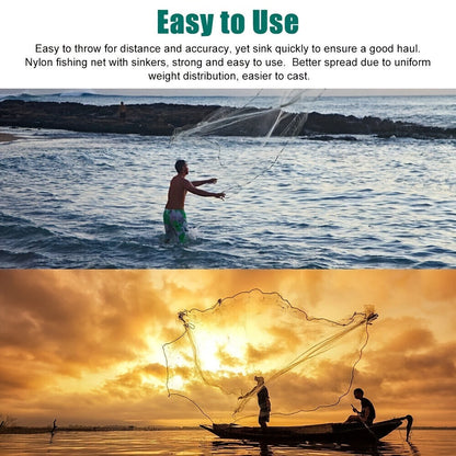 Fishing Cast Net 8FT 10FT with Real Zinc Sinker Weights, Nylon Monofilament Mesh 1.3cm, Heavy Duty Saltwater Bait Trap Net Easy Throw